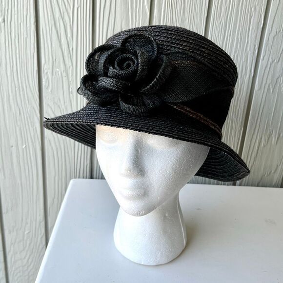 Betmar New York Black Straw Hat Wide Brim Rose Accent Church Derby Tea - Picture 4 of 13